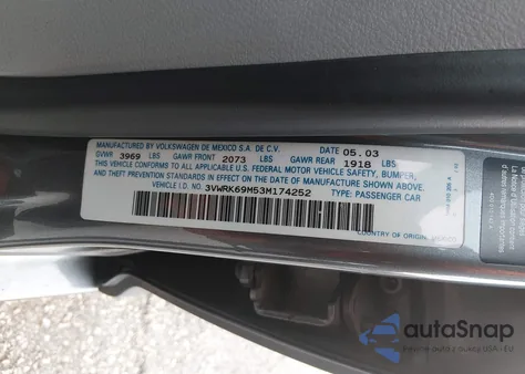 2003 Volkswagen Jetta Gl из США, поврежденный, VIN 3VWRK69M53M174252